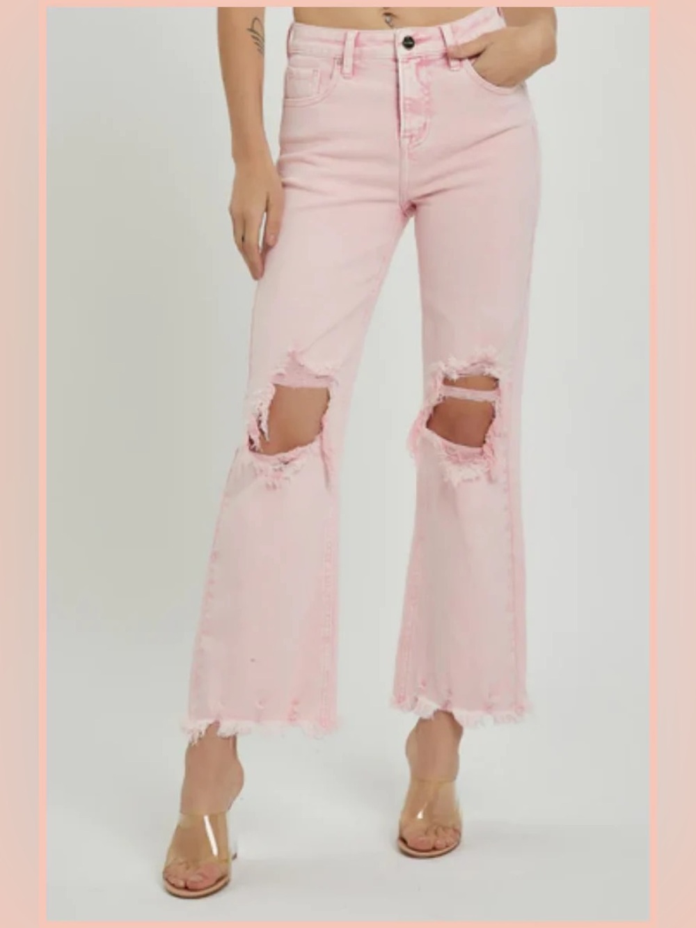 RISEN | 27 High-Rise Pink Distressed Wide-Leg Jeans - Women